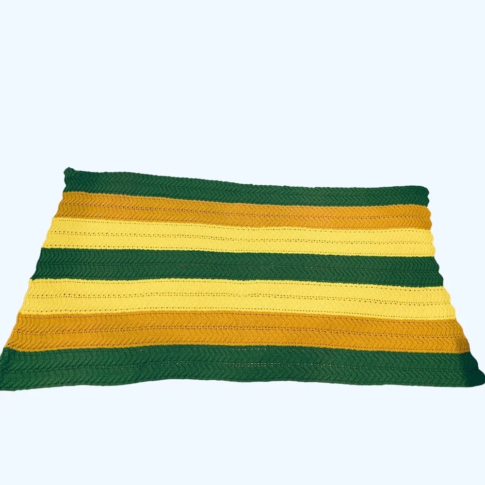 70s Retro Green Yellow Mustard Brown Stripe Afghan Throw Blanket Crochet Knit